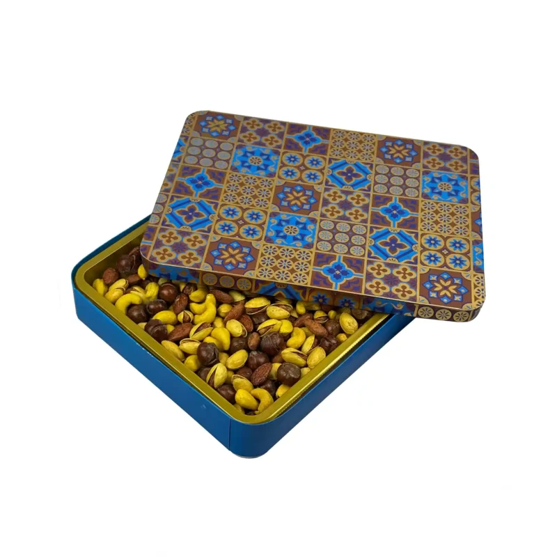 جعبه کادویی نقشینه آجیل چهار مغز برشته زعفرانی