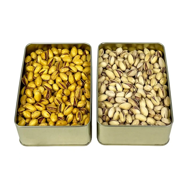 پسته احمدآقایی برشته صدفی و زعفرانی جعبه کادویی فلزی 500گرمی فام لند 1